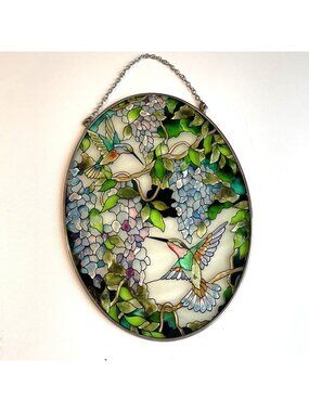 Amira Hummingbird Hand Painted Sun Catcher Oval 9" Multicolor Flowers Nature